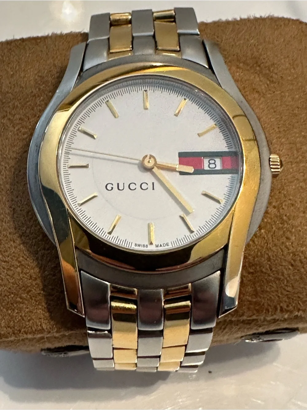 Vintage Gucci 5500M Two Tone Web Stripe Date Swiss Watch New Battery